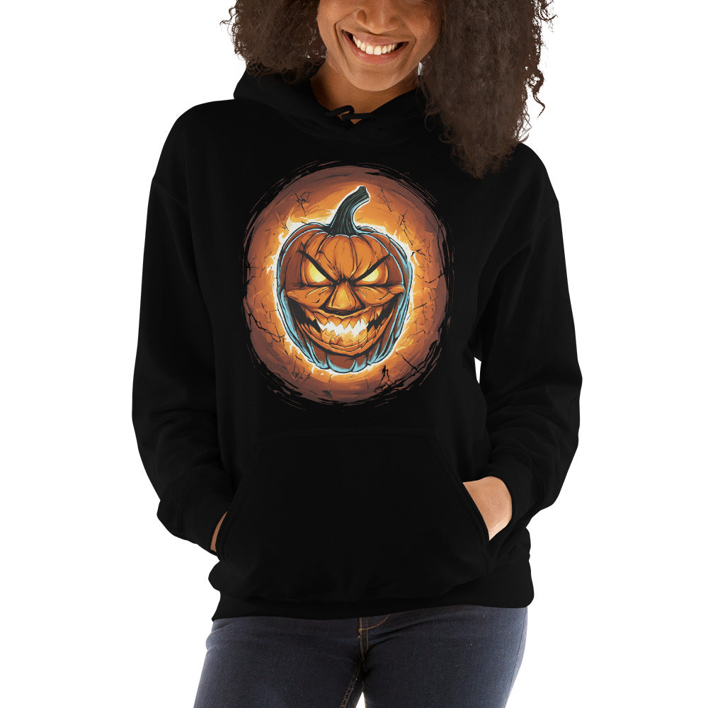 Fire Jack O' Lantern design on unisex hoodie, front view