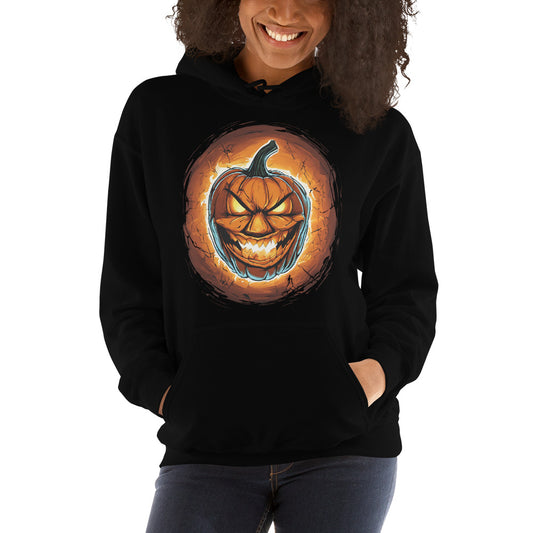 Fire Jack O' Lantern design on unisex hoodie, front view