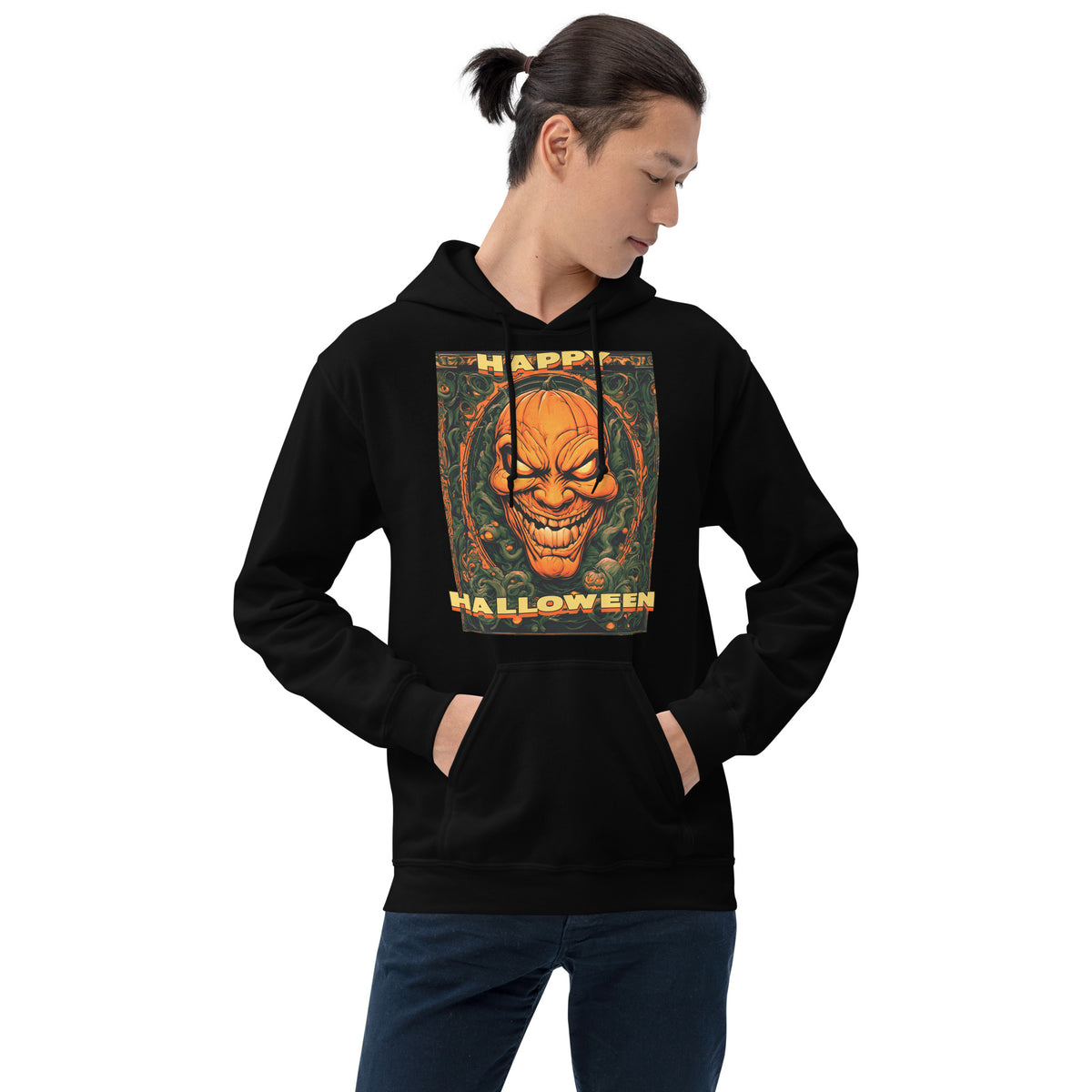 Vintage Evil Pumpkin design on unisex hoodie, front view