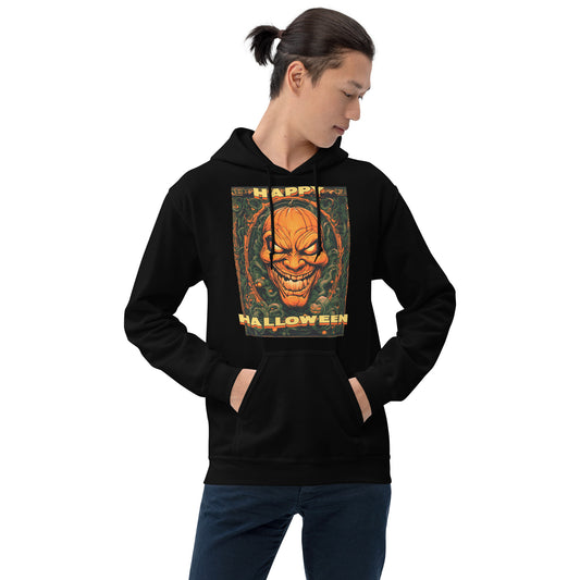 Vintage Evil Pumpkin design on unisex hoodie, front view