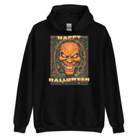 Vintage Evil Pumpkin design on unisex hoodie, front view