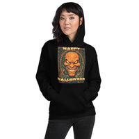 Vintage Evil Pumpkin design on unisex hoodie, front view