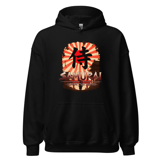 Samurai Warrior Honor the Sword design on unisex hoodie, front view