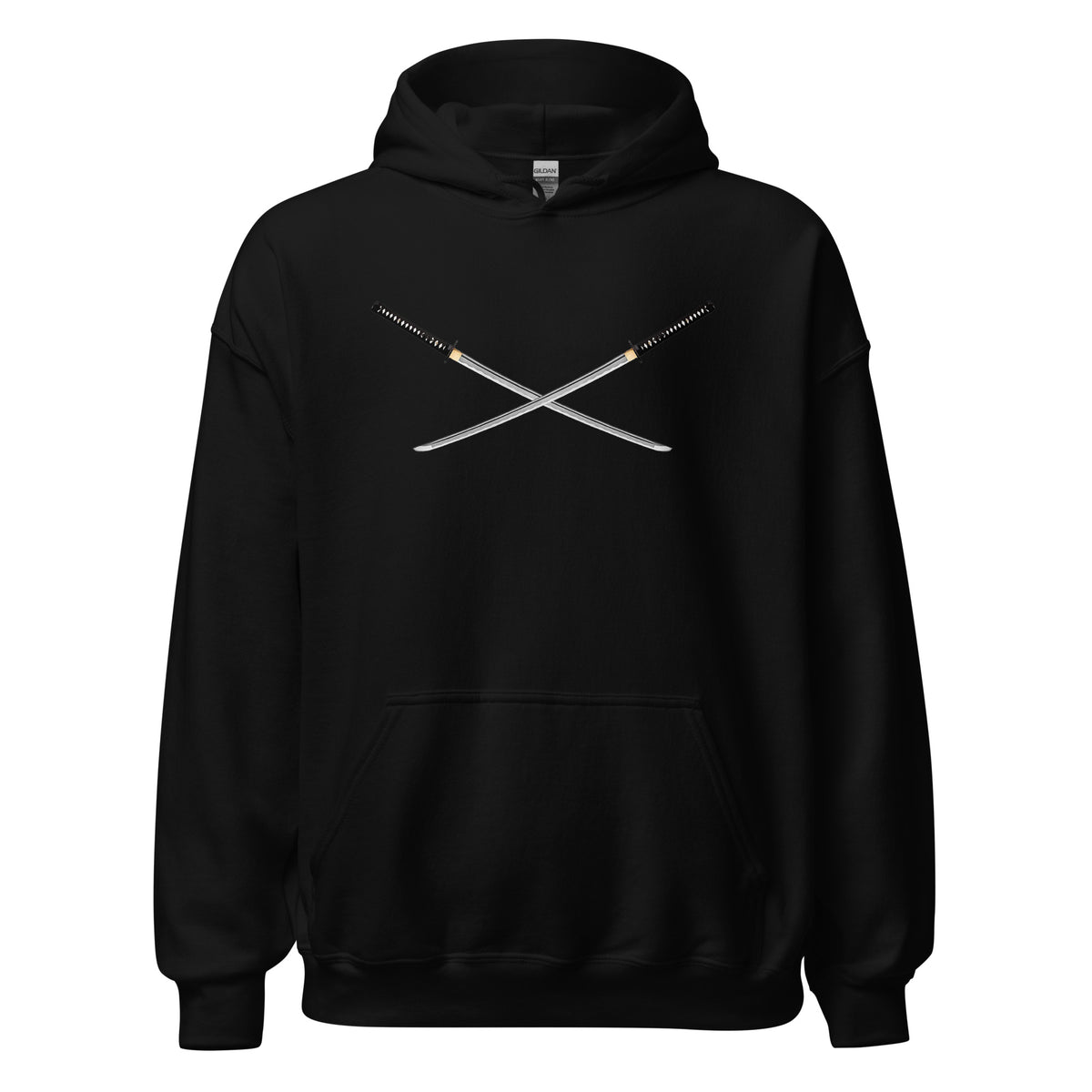 Dual Samurai Swords design on unisex hoodie, front view