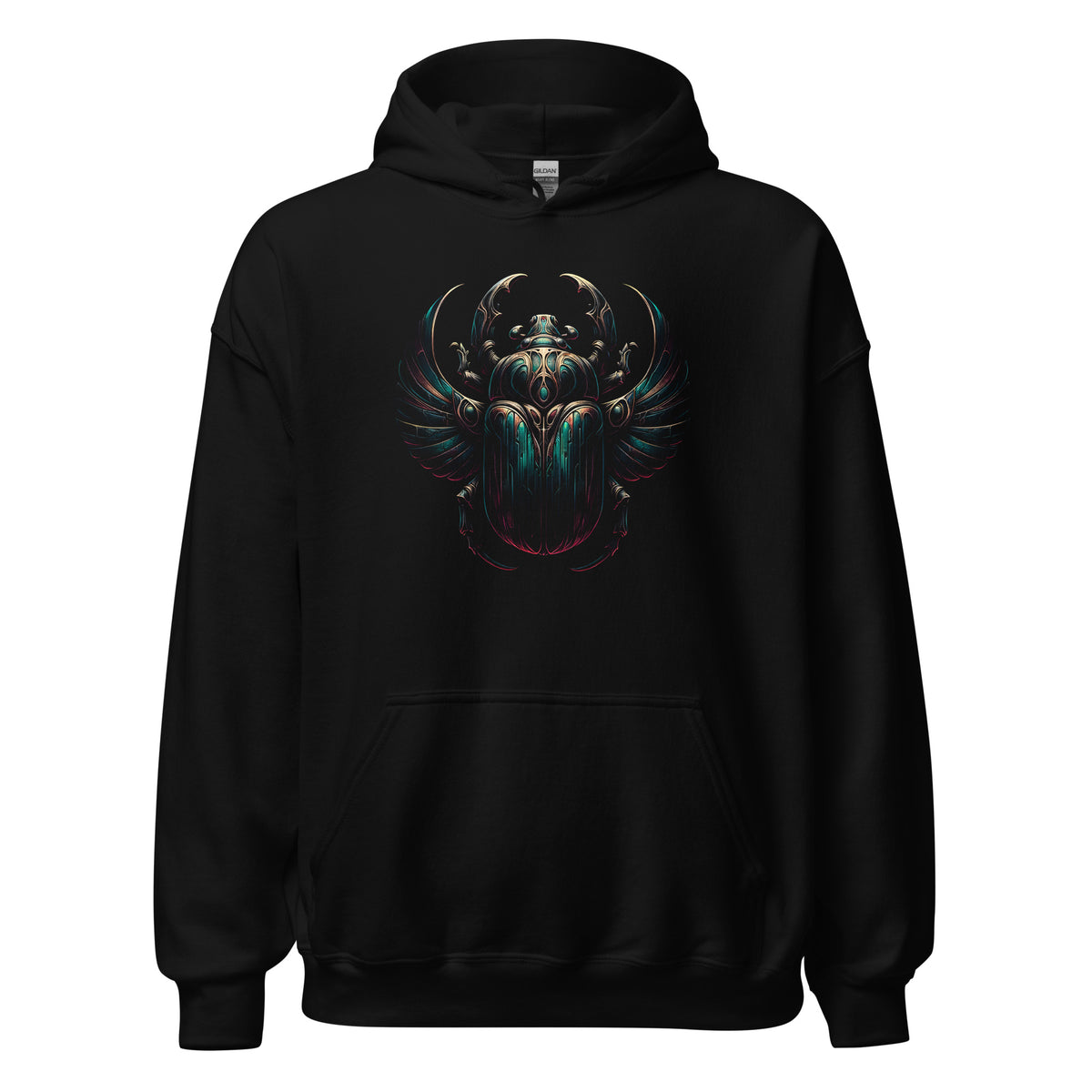 Ancient Egyptian Scarab Beetle design on unisex hoodie, front view