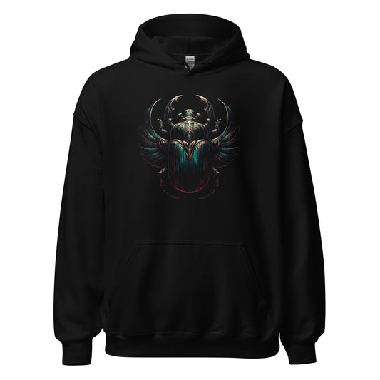 Ancient Egyptian Scarab Beetle design on unisex hoodie, front view
