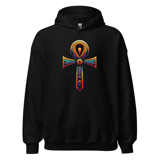Key of Life Ankh design on unisex hoodie, front view