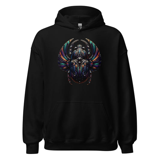 Mechanical Scarab Beetle design on unisex hoodie, front view
