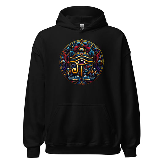 Eye of Ra Egyptian Symbol design on unisex hoodie, front view