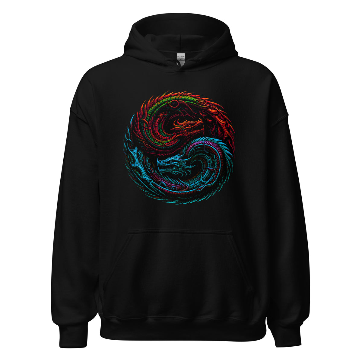 Yin Yang Dragon Fire & Ice design on unisex hoodie, front view