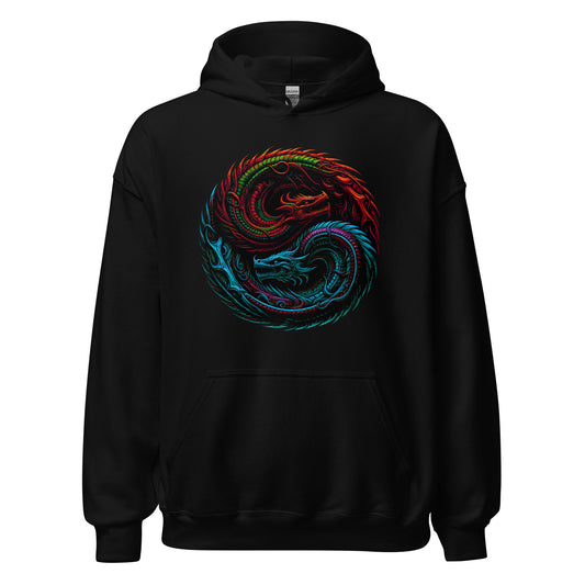 Yin Yang Dragon Fire & Ice design on unisex hoodie, front view