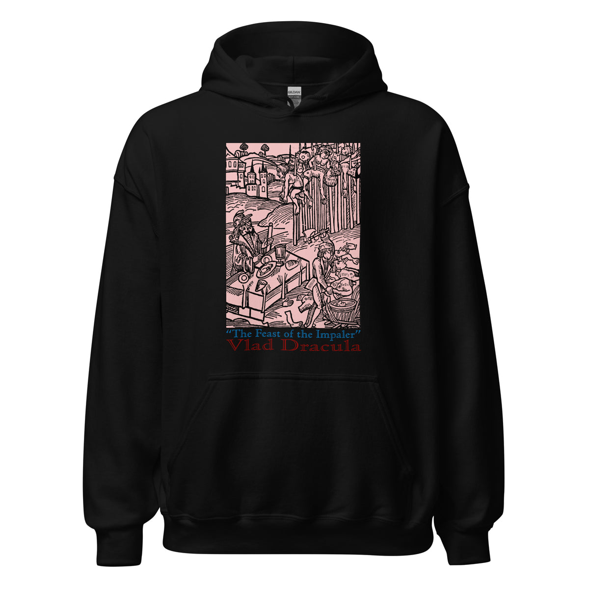 Feast of the Impaler design on unisex hoodie, front view