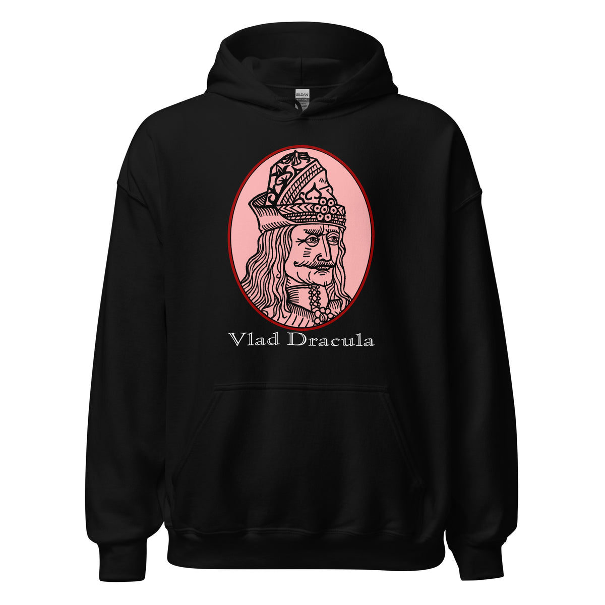 Vlad the Impaler design on unisex hoodie, front view