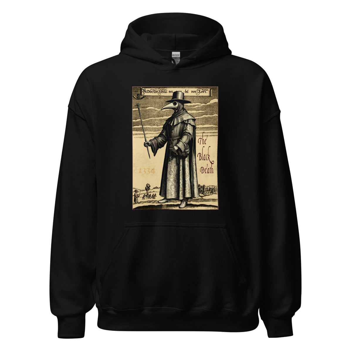 Plague Doctor 1334 design on unisex hoodie, front view