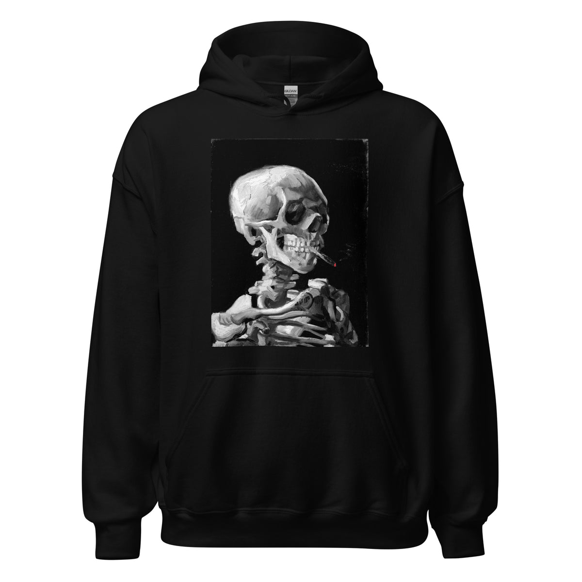 Skeleton Smoking Van Gogh design on unisex hoodie, front view