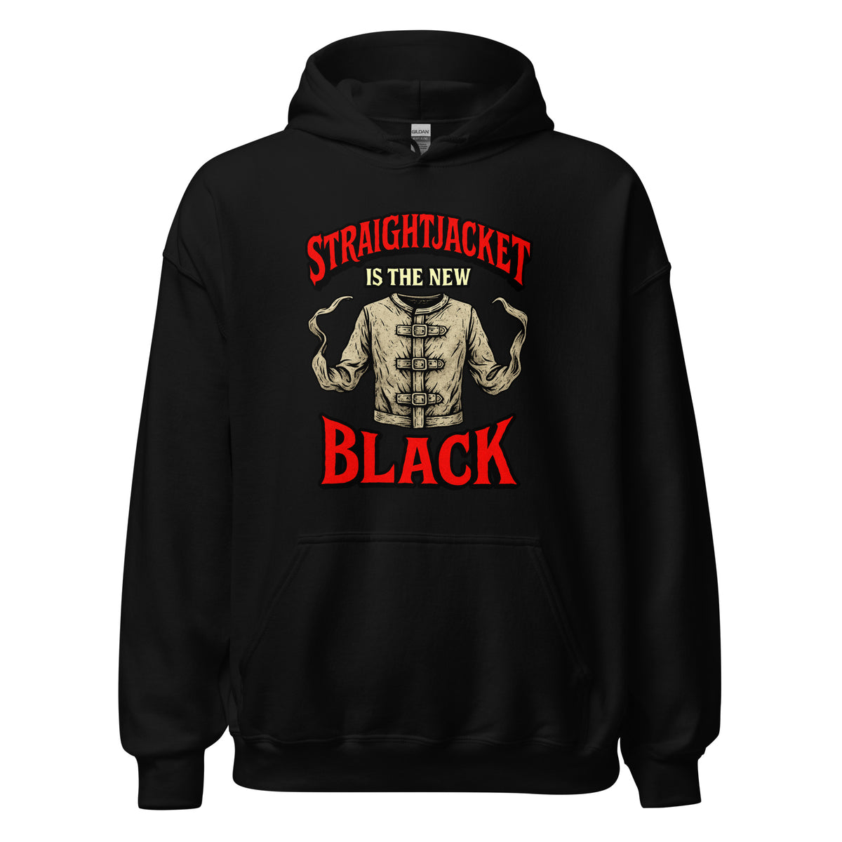 Straightjacket Is the New Black design on unisex hoodie, front view