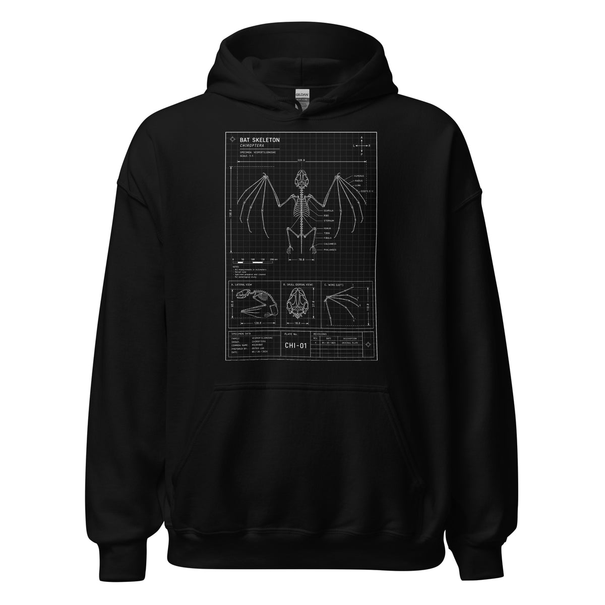 Bat Skeleton Blueprint design on unisex hoodie, front view
