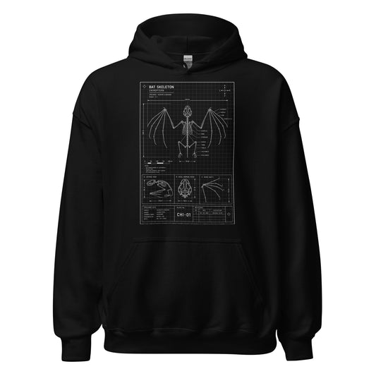 Bat Skeleton Blueprint design on unisex hoodie, front view