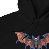 Whimsical Vampire Bat Skeleton design on unisex hoodie, detail view