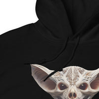 Grinning Bat Skull design on unisex hoodie, detail view