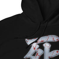 Death Kanji 死 Bloody Sword design on unisex hoodie, detail view