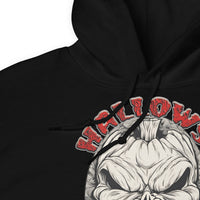 Grinning Skull Pumpkin design on unisex hoodie, detail view
