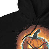 Fire Jack O' Lantern design on unisex hoodie, detail view