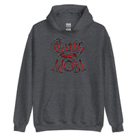 Red Goth Mom Bat design on unisex hoodie, front view