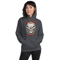 Grinning Skull Pumpkin design on unisex hoodie, front view