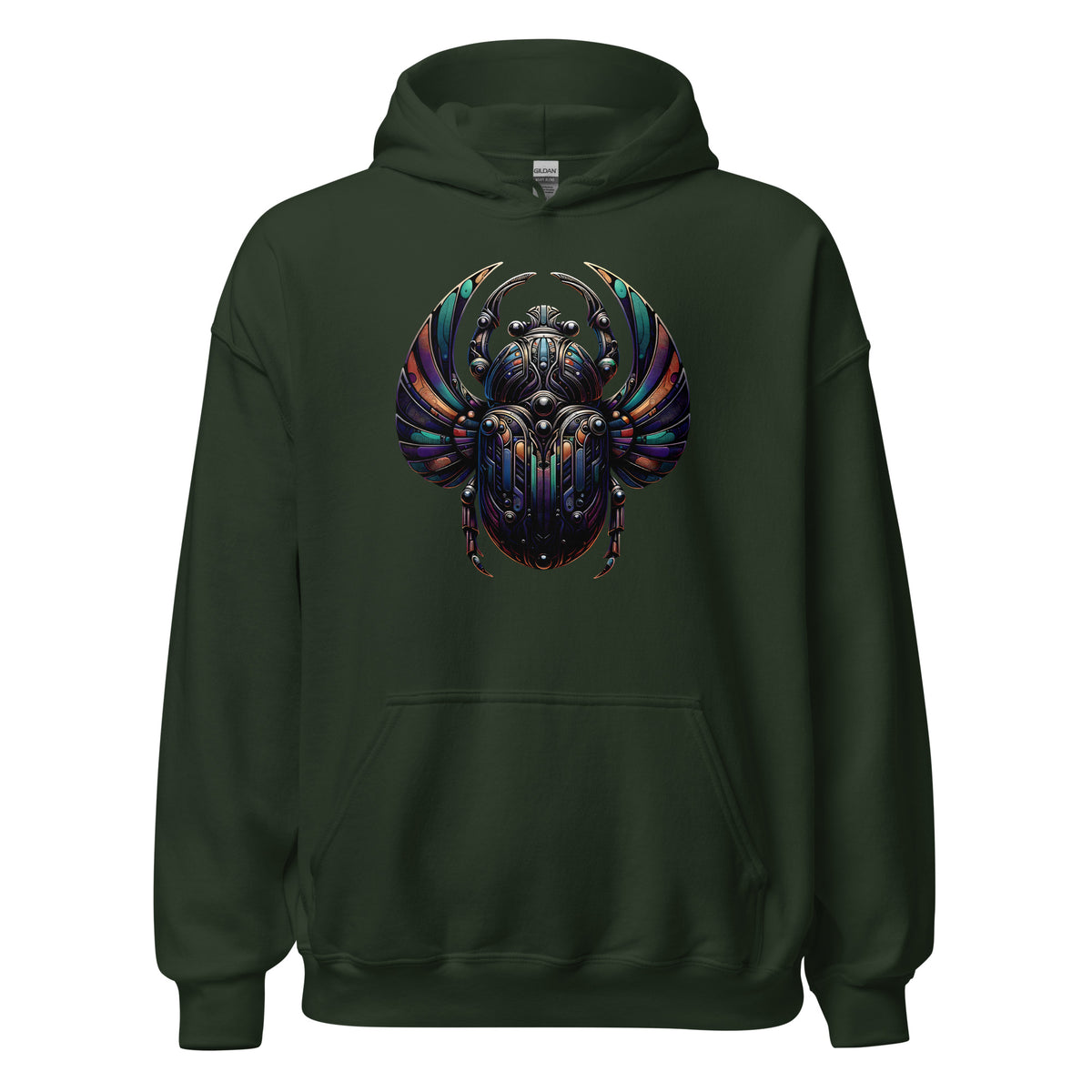 Mechanical Scarab Beetle design on unisex hoodie, front view