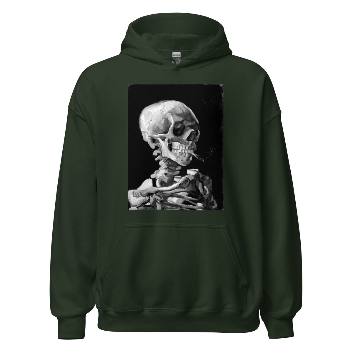 Skeleton Smoking Van Gogh design on unisex hoodie, front view