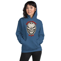 Grinning Skull Pumpkin design on unisex hoodie, front view