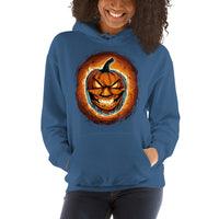 Fire Jack O' Lantern design on unisex hoodie, front view