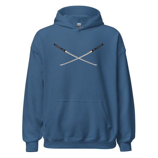 Dual Samurai Swords design on unisex hoodie, front view