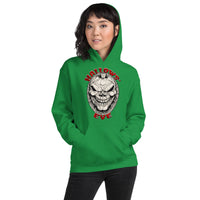 Grinning Skull Pumpkin design on unisex hoodie, front view