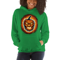 Fire Jack O' Lantern design on unisex hoodie, front view