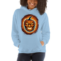 Fire Jack O' Lantern design on unisex hoodie, front view