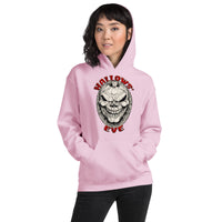 Grinning Skull Pumpkin design on unisex hoodie, front view