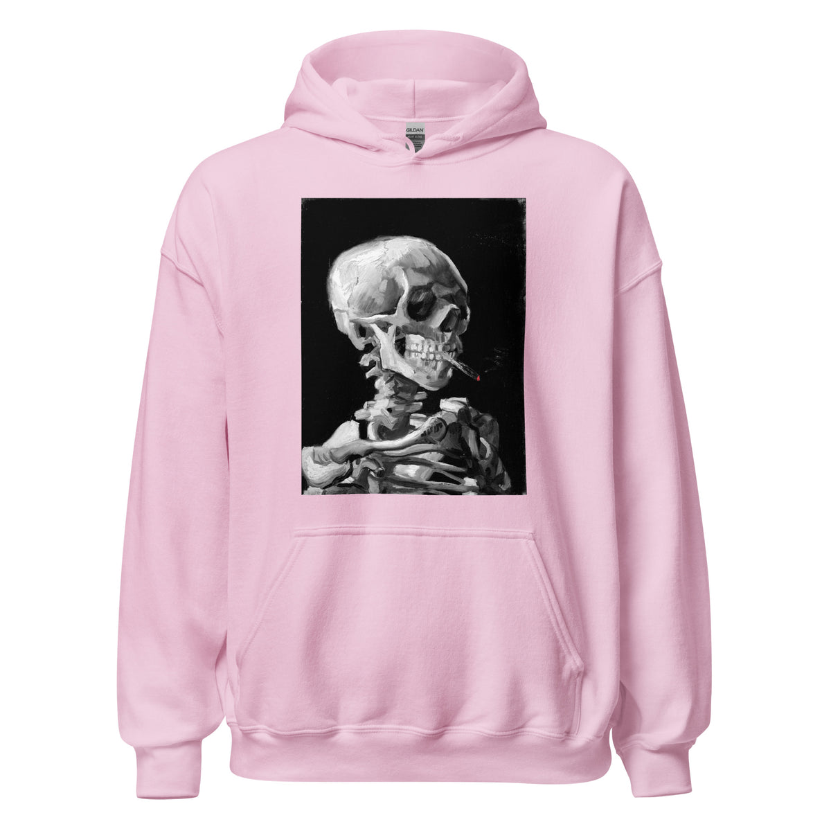 Skeleton Smoking Van Gogh design on unisex hoodie, front view