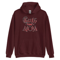 Red Goth Mom Bat design on unisex hoodie, front view