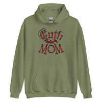 Red Goth Mom Bat design on unisex hoodie, front view