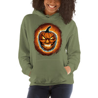 Fire Jack O' Lantern design on unisex hoodie, front view