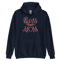 Red Goth Mom Bat design on unisex hoodie, front view