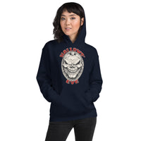 Grinning Skull Pumpkin design on unisex hoodie, front view