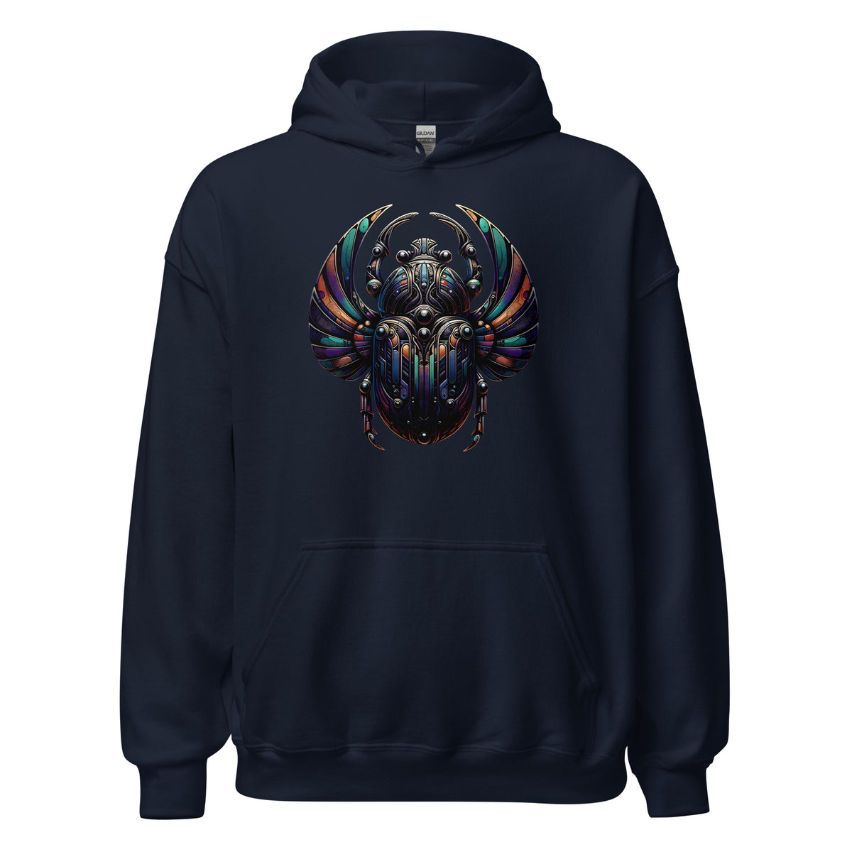Mechanical Scarab Beetle design on unisex hoodie, front view