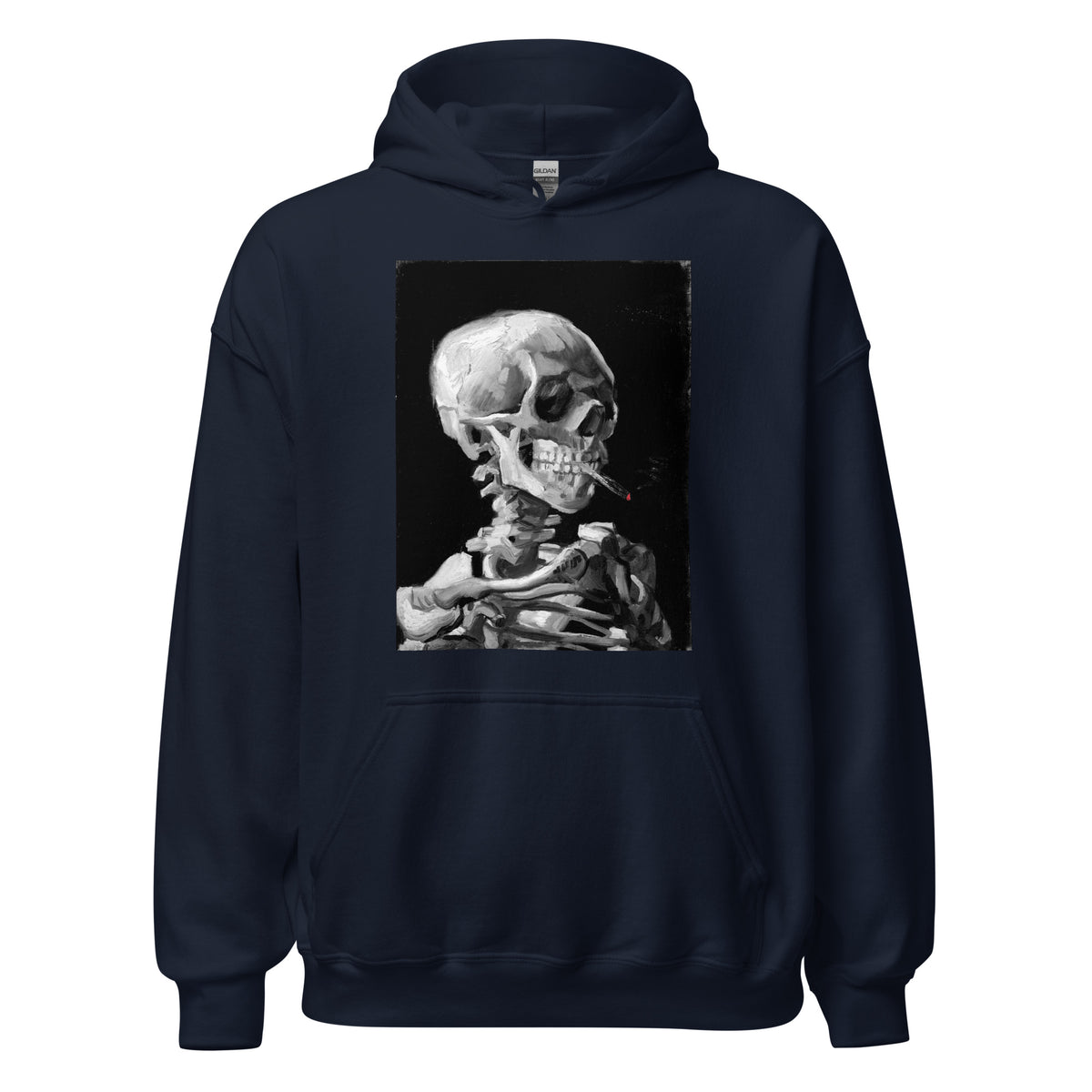 Skeleton Smoking Van Gogh design on unisex hoodie, front view