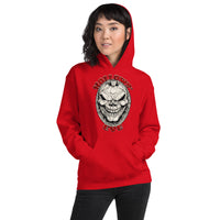 Grinning Skull Pumpkin design on unisex hoodie, front view