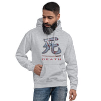 Death Kanji 死 Bloody Sword design on unisex hoodie, front view