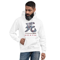 Death Kanji 死 Bloody Sword design on unisex hoodie, front view