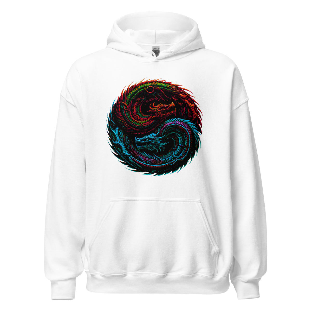 Yin Yang Dragon Fire & Ice design on unisex hoodie, front view